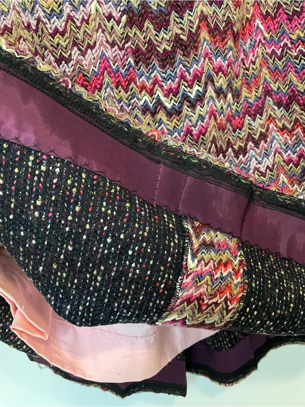 Vintage 1960s Pink Multicolor Flame Chevron Tweed Skirt Suit Set